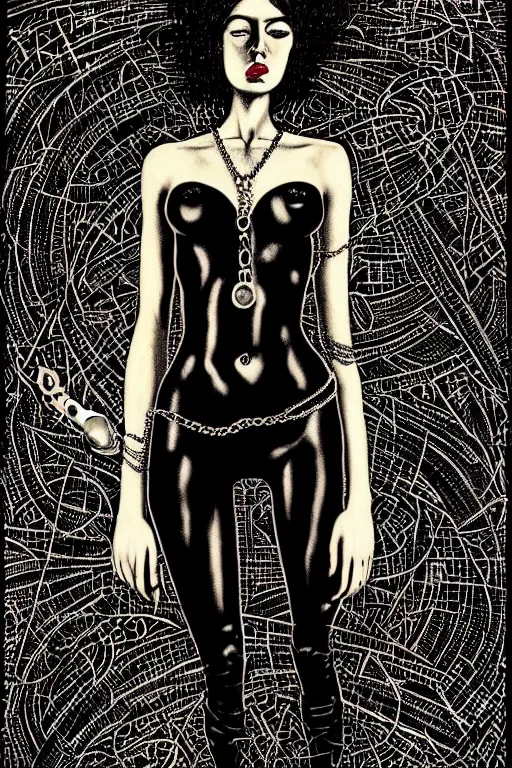 Image similar to dreamy rock girl with beautiful body, black leather and chains, detailed acrylic, heavy metal, intricate complexity, by dan mumford and by alberto giacometti, peter lindbergh, malevich, william stout