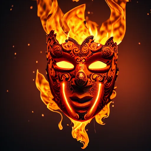 Prompt: an elaborate intricate mask made of flames water, rendered in octane, behance hd, bokeh backdrop