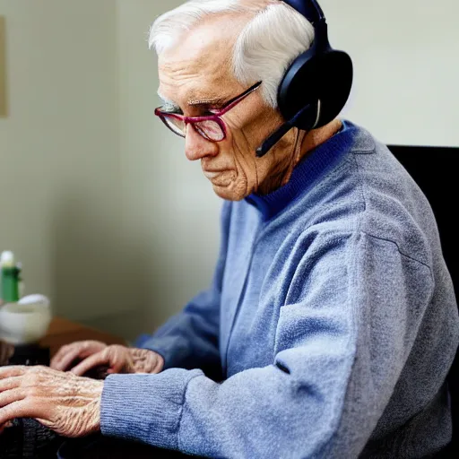 Image similar to A colored colorized real screenshot of Jerma985 as an elderly guy streaming on his computer while wearing headphones, taken in the early 2020s, taken on a 2010s Camera, realistic, hyperrealistic, very realistic, very very realistic, highly detailed, very detailed, extremely detailed, detailed, digital art, trending on artstation, headshot and bodyshot, detailed face, very detailed face, very detailed face, real, real world, in real life, realism, HD Quality, 8k resolution, intricate details, colorized photograph, colorized photon, body and headshot, body and head in view