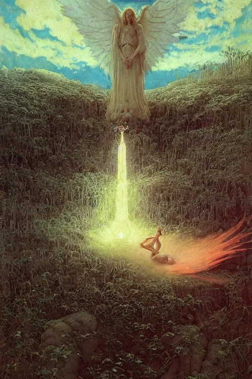 Image similar to giant white glowing angel rising above fallen demon lying on the foggy ground by wayne barlowe, wes anderson, arnold bocklin, roger dean, mikalojus konstantinas ciurlionis, mikhail vrubel and wadim kashin, rich moody colours, 9 0 - s anime, ethereal, lo - fi retro videogame