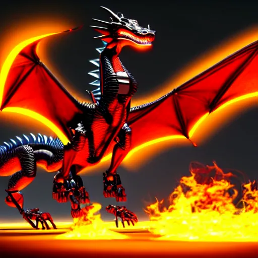 Image similar to an illustration of the full body of a robotic anthromorphic dragon emitting flames from its hands, floating off the ground, photorealistic 3D render, coherent like Dall-E 2