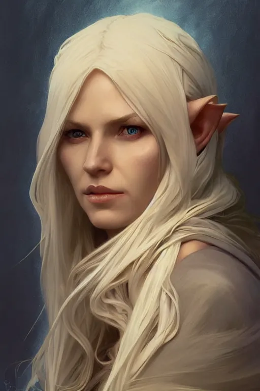 Image similar to portrait of an old blonde elven mage, dark, piercing eyes, gentle expression, elegant clothing, photorealistic, highly detailed, artstation, smooth, sharp focus, art by michael whelan, artgerm, greg rutkowski and alphonse mucha