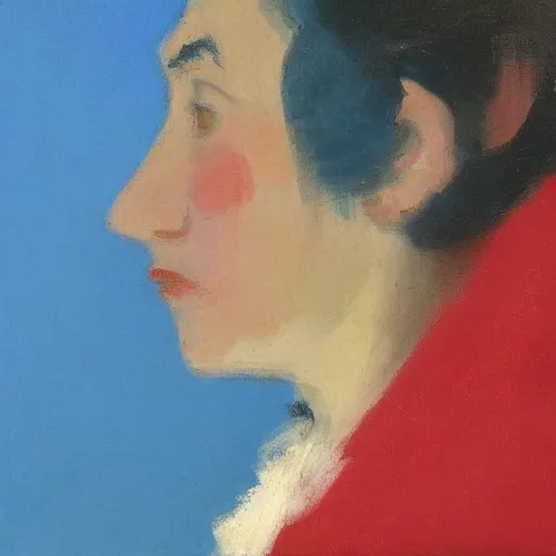 Prompt: profile portrait in peruvian tonalist style ( 1 9 5 4 ), cerulean blue, cadmium red, zinc white, modeled lighting, detailed, expressive, shadows