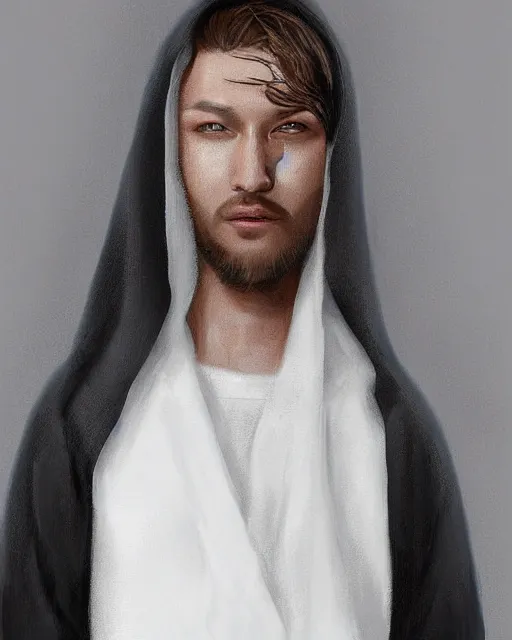 Image similar to digital art portrait of a young man in dark robes, hooded, made by WLOP, WLOP