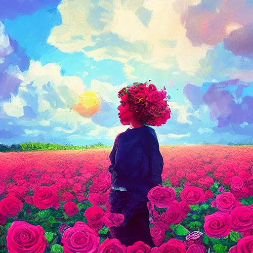 Image similar to large rose face, girl standing in a flower field, surreal photography, sunrise dramatic light, impressionist painting, colorful clouds, digital painting, artstation, simon stalenhag