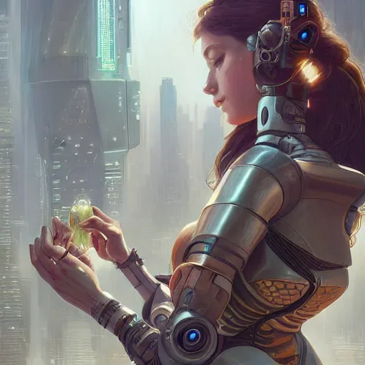 Image similar to Ultra realistic illustration, two women kissing a robot, cyberpunk, sci-fi, fantasy, intricate, elegant, highly detailed, digital painting, artstation, concept art, smooth, sharp focus, illustration, art by artgerm and greg rutkowski and alphonse mucha