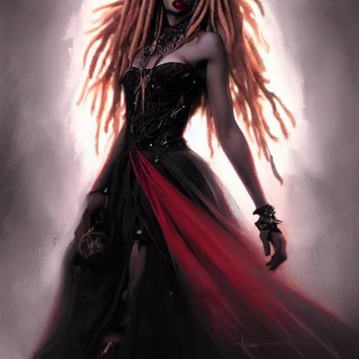 Image similar to photography flawless beautiful psychopathic female with blonde and red dreadlocks in a black ballgown, dark, piercing eyes, exotic expression, esoteric clothing, photorealistic, highly detailed, mysterious lighting, artstation, smooth, sharp focus, art by artgerm, greg rutkowski and luis royo