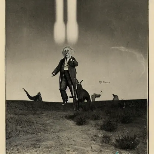 Image similar to albert einstein riding on a rocket through the evening sky