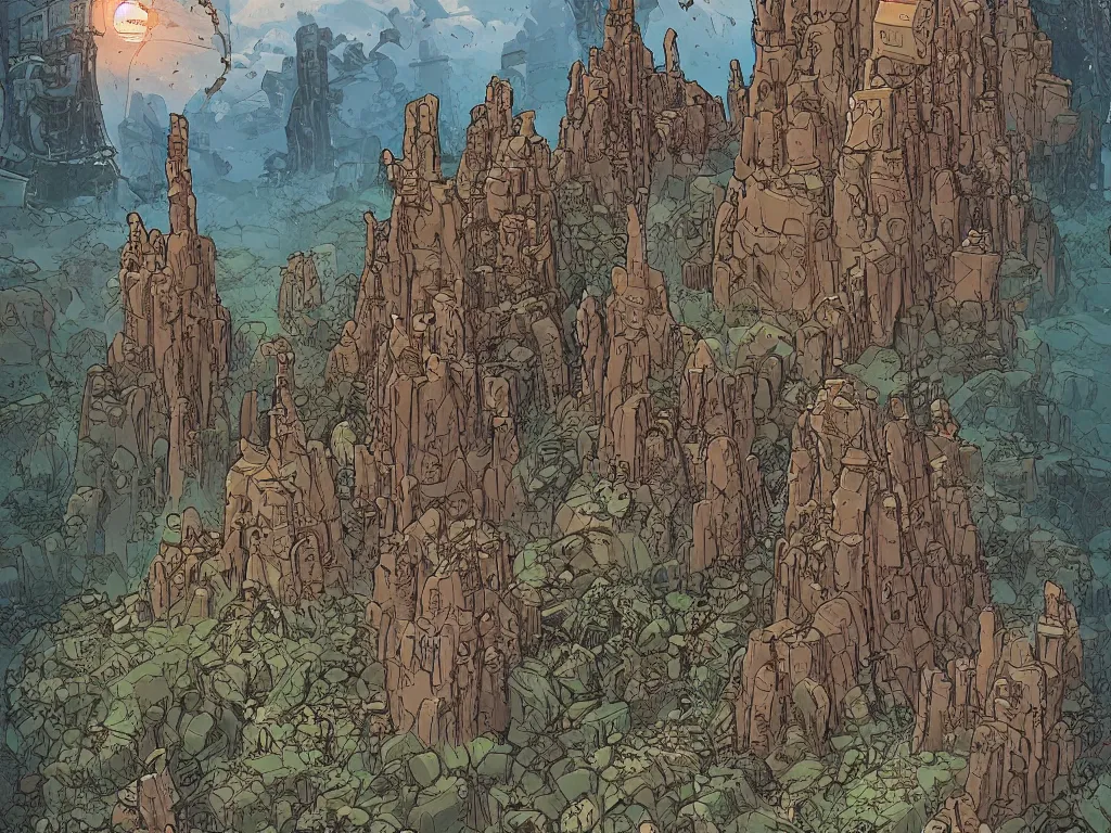 Image similar to temple, stone canyon, alien world, by Sam Bosma and Geof Darrow, science fiction, trending on artstation