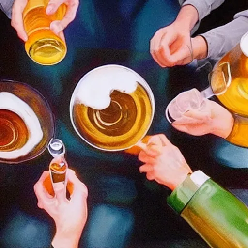 Image similar to hyper realistic paint of people drinking beer