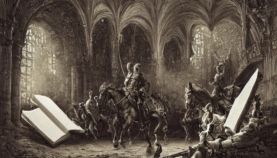 Image similar to big opened book, open book page, don quixote leave the book, cinematic romantic magical masterpiece, by gene wolfe, highly detailed painting by gustave dore
