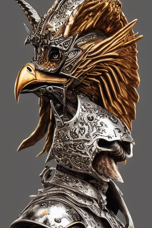 Prompt: sideview waist up portrait of eagle wear baphomet armor made with porcelain by jeff easley and peter elson, beautiful eyes and face, symmetry face, galaxy, gothic, surreal, dread, highly detailed, intricate complexity, epic composition, magical atmosphere, masterpiece, award winning, trending on artstation