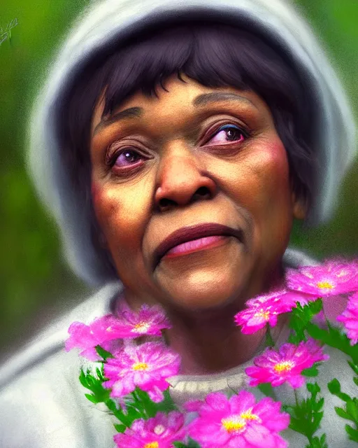 Image similar to moms mabley surrounded by mist and pretty flowers, very detailed, realistic face, detailed face, matte, tonemapping,, perfection, 4 k, cushart krenz, cinematic, atmospheric