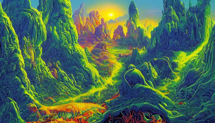 Prompt: fantasy alien landscape, strange flora, artwork by greg hildebrandt, vibrant colors