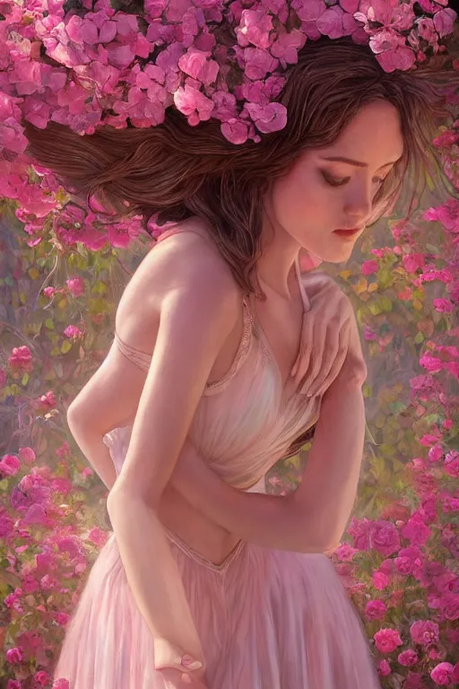 Image similar to stunningly beautiful, prima ballerina in rose garden, symmetrical face, golden hour, smooth, focus, highly detailed, hyper realistic, dramatic lighting, elegant, intricate, concept art, art by wlop, mars ravelo, greg rutowski, artstation