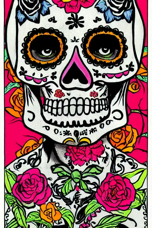 Image similar to illustration of a sugar skull day of the dead girl, art by hunter s thompson