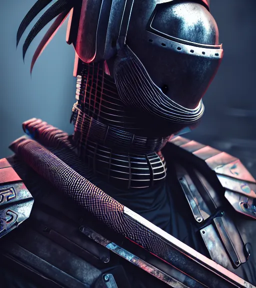 Image similar to complex 3 d render, hyper detailed, cyberpunk android street samurai, samurai armor plate, japanese patterns, digital portrait, elegant, hyper realistic, techwear clothing, octane render, darriel diano style, volumetric lighting, 8 k post - production, artstation hq, unreal engine 5, unity engine