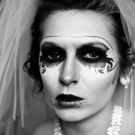 Image similar to a high detailed face, close up of a punk rocker chic, early thirties, in a white wedding dress