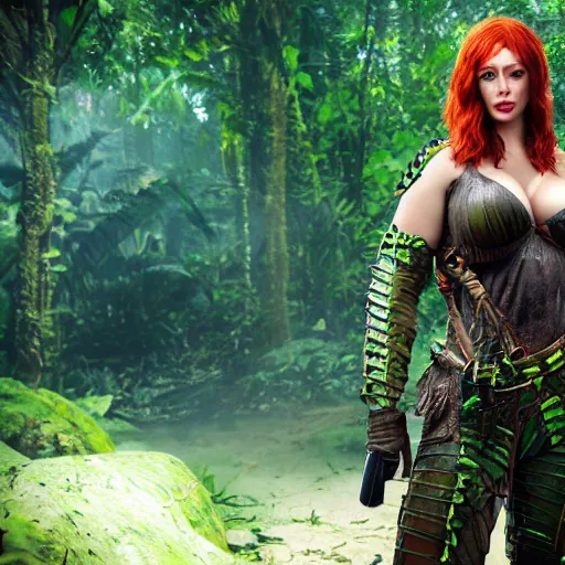 Image similar to Christina Hendricks as Amazon jungle warrior, unreal engine, 4k, cinema effect,