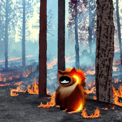 Image similar to a cute furry monster looking at a forest fire