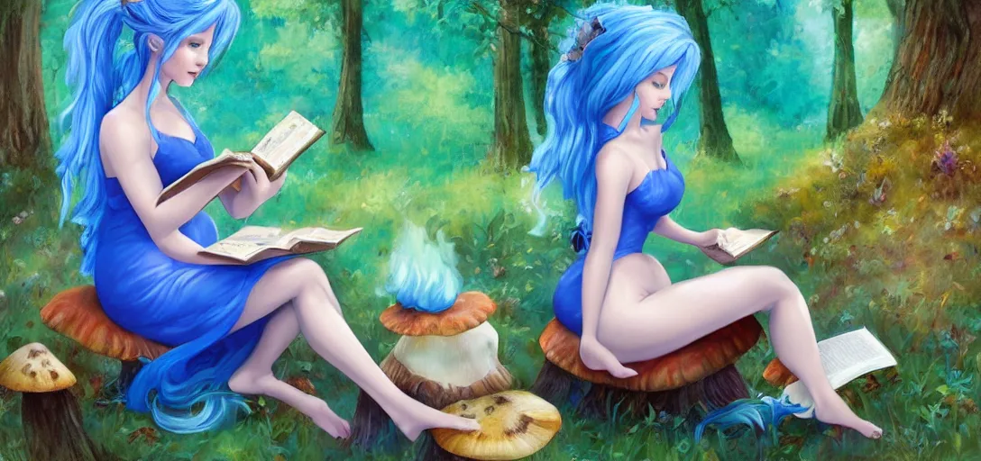 Image similar to A beautiful painting of a blue haired fairy reading a book while sitting on a mushroom by bob ross, Trending on artstation.