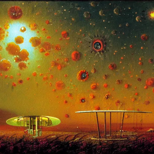 Image similar to detailed painting of a satellite station, exterior, floral ornaments, volumetrics lights, beam of bright lights through the clouds, beksinski, bougeureau