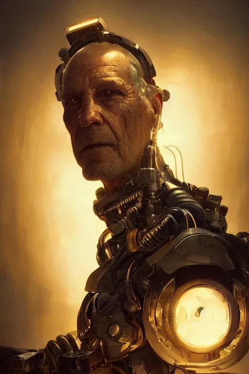 Prompt: beautifull portrait of an old cyborg grandfather, borg, dramatic backlighting, golden hour, autochrome, high contrast, highly detailed, sharp focus, digital painting, concept art, illustration, trending on artstation, art by greg rutkowski and ruan jia and greg hildebrandt