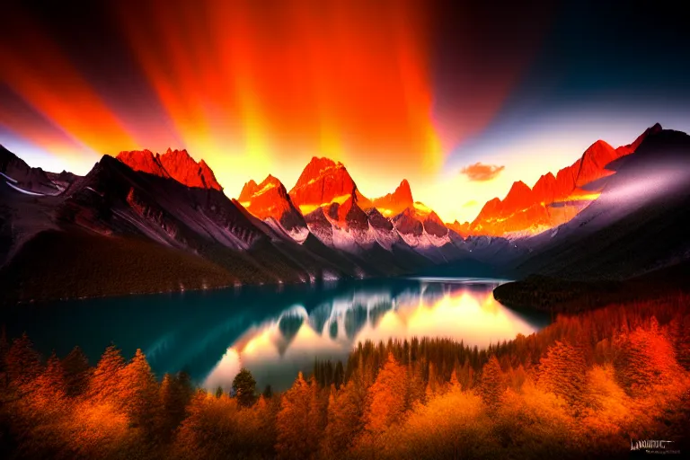 Prompt: amazing landscape photo of mountains with lake in sunset by marc adamus beautiful dramatic lighting