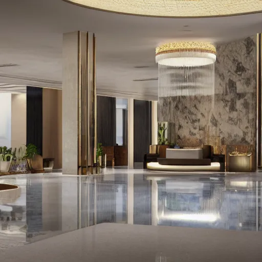 Prompt: realistic luxury hotel lobby interior in miami with pools in the background, corona render, detailed, symmetrical, minimal, clean, vegetation, herzog and de meuron