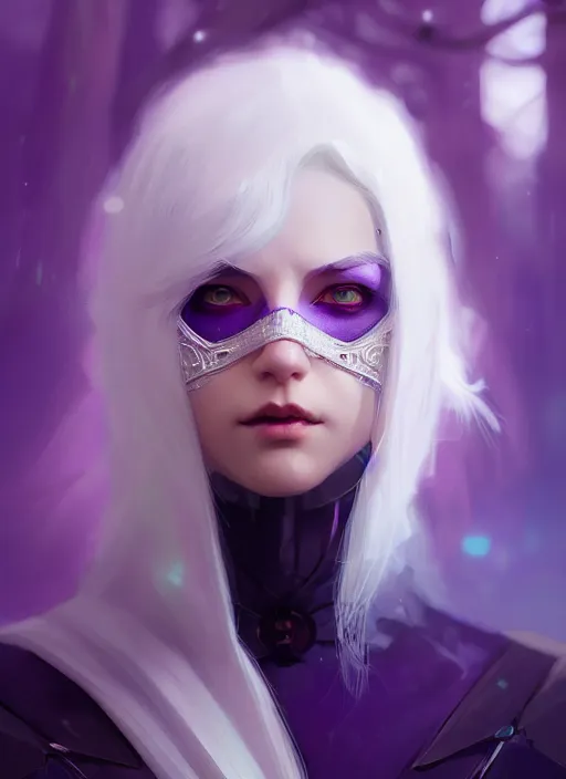 Image similar to a beautiful white - haired girl with purple eyes dressed as a superhero, intricate, elegant, highly detailed, digital painting, artstation, concept art, smooth, sharp focus, illustration, ethereal, misty, by ilya kuvshinov and jeremy mann, 8 k, octane render