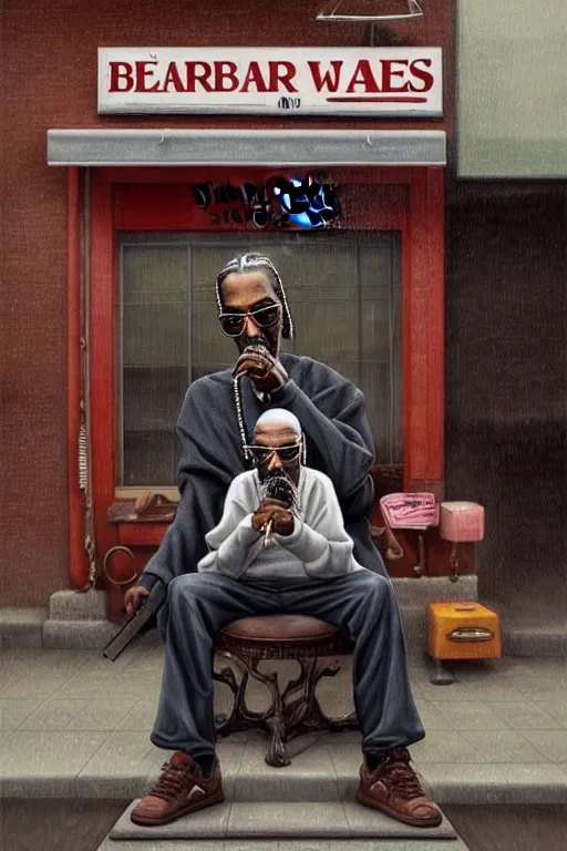 Image similar to an old man sitting in front of a barber shop, smoking a weed with snoop dogg!!, realism, intricate, elegant, highly detailed, digital painting, artstation, concept art, smooth, sharp focus, illustration, art by joongwon charles jeong and mike dargas