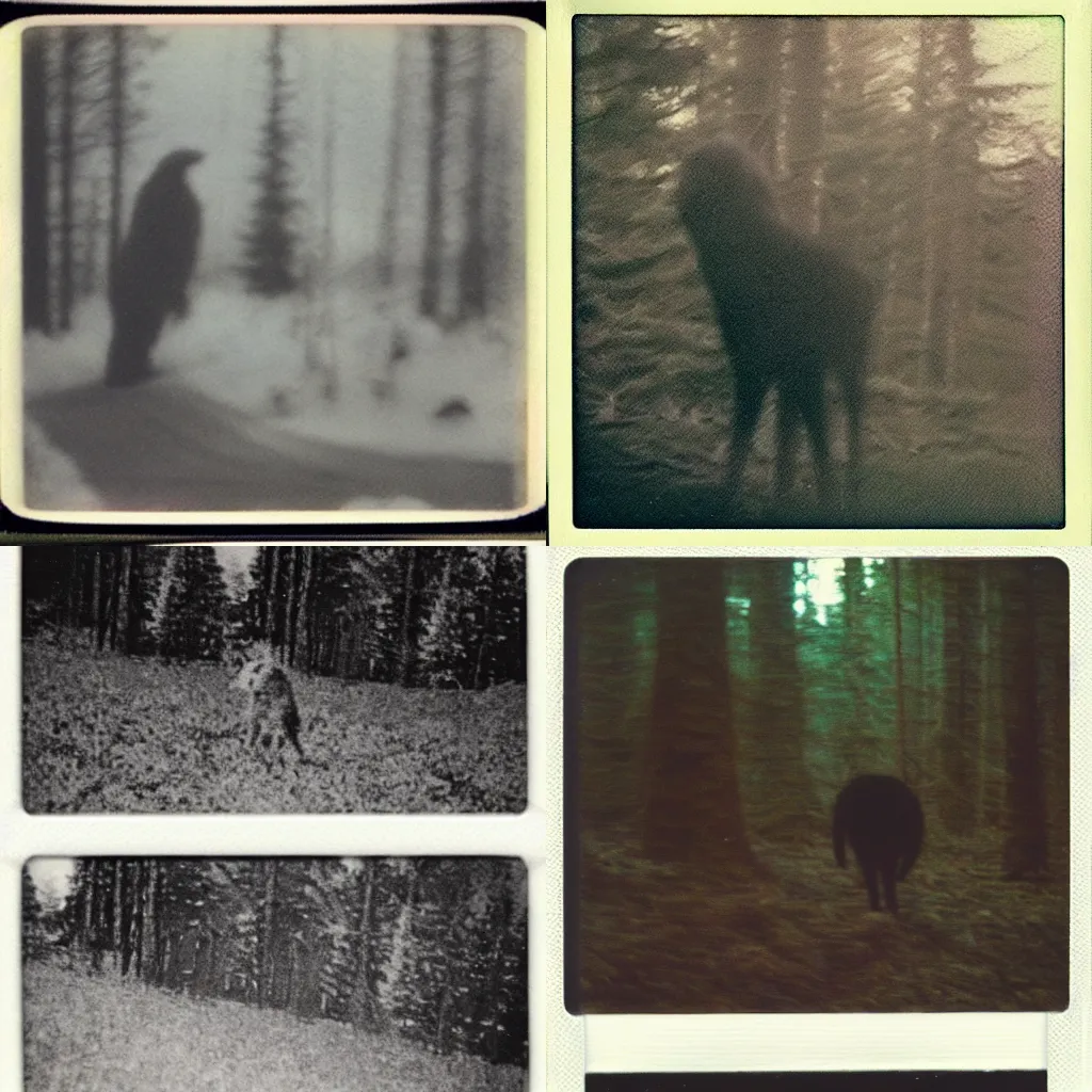 Image similar to Zoomed-in Polaroid photo of a cryptid sighting, grainy, slightly blurry