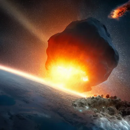 Prompt: an asteroid destroying earth as seen from space, hyperreal, 8 k, photo real, cinematic lighting, movie poster, movie concept art, sci - fi concept art, video game cinematic, rendered in unreal engine