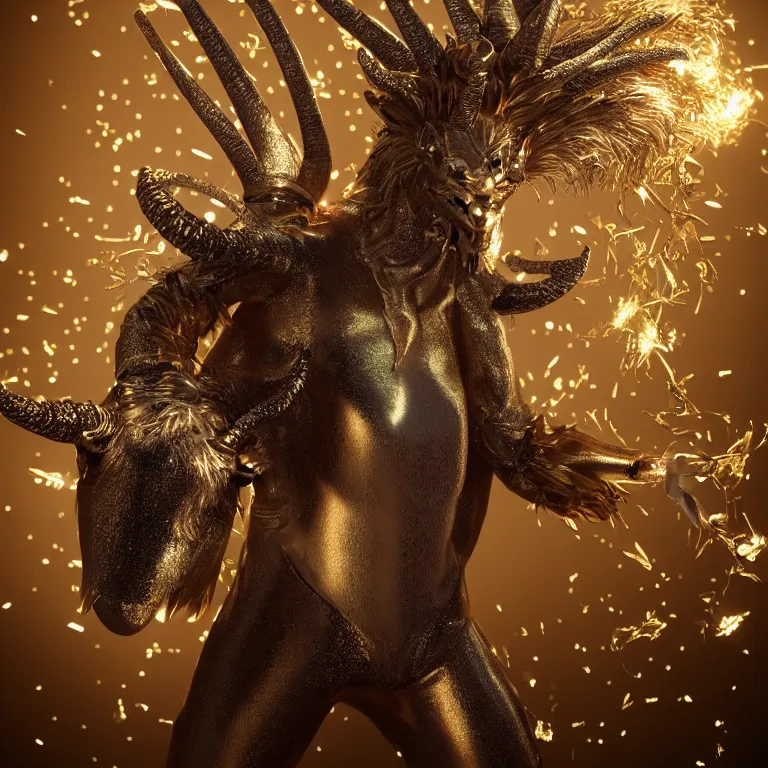 Image similar to octane render portrait by national geographic and wayne barlow and carlo crivelli and glenn fabry, a demon with the furry head of a goat with shining golden horns wearing a tight iridescent silver latex pants and shirt, inside an explosion of glitter, cinema 4 d, ray traced lighting, very short depth of field, bokeh