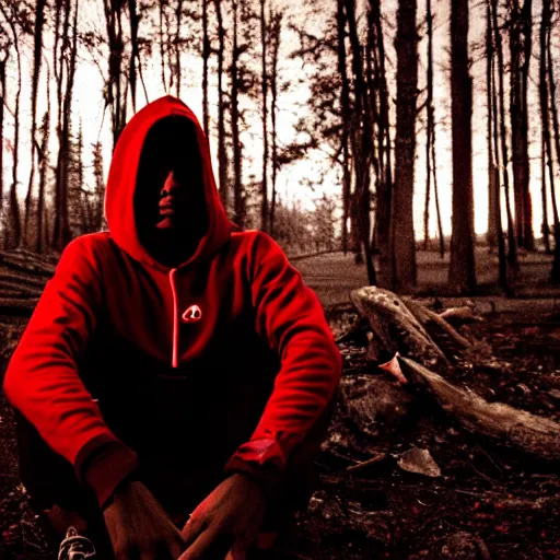 Prompt: a dark photo of a man in a red hoodie sitting next to a campfire in blood red forest, red sun in the background, low contrast