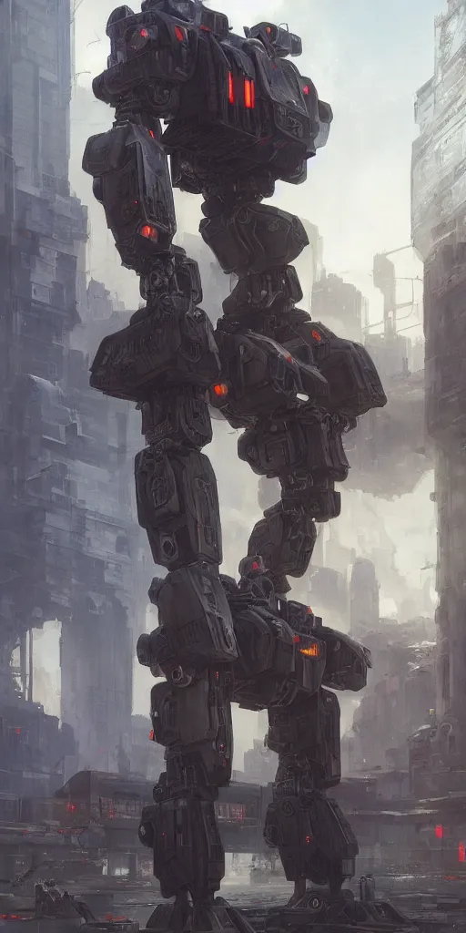 Image similar to Battletech mech in a city, portrait, futuristic, oil painting, industrial, high detail, by Greg Rutkowski, concept art, Mechwarrior, masterpiece, Artstation