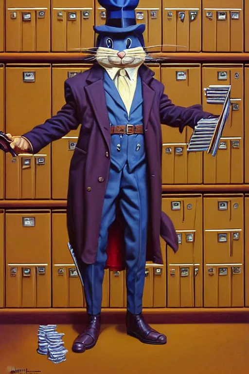 Prompt: classic oil painting, an anthropomorphic rabbit that is dressed as a detective, as a dnd character, surrounded by filing cabinets, cottagecore, highly detailed, digital illustration, concept art, smooth, sharp focus, art by tim hildebrandt, and greg hildebrandt