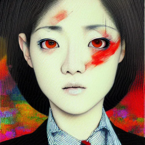 Image similar to yoshitaka amano blurred and dreamy realistic three quarter angle portrait of a young woman with short hair and black eyes wearing office suit with tie, junji ito abstract patterns in the background, satoshi kon anime, noisy film grain effect, highly detailed, renaissance oil painting, weird portrait angle, blurred lost edges