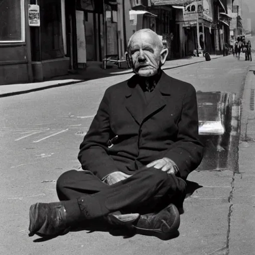 Prompt: a gentlemen sitting in the middle of the street old 1950 photograph