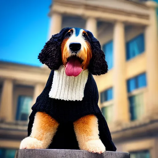 Image similar to a closeup photorealistic photograph of a cute smiling knitted bernedoodle judge dog dressed in a black gown, presiding over the courthouse. indoors, professional capture, well lit shot. this 4 k hd image is trending on artstation, featured on behance, well - rendered, extra crisp, features intricate detail, epic composition and the style of unreal engine.