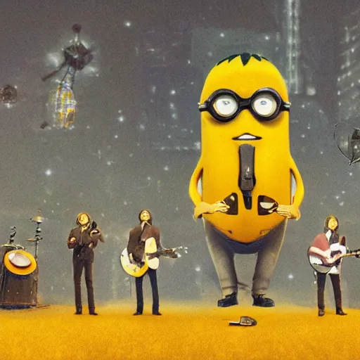 Prompt: the beatles performing with guitars, a giant yellow minion at background, sci fi, art by mike winkelmann, trending on cgsociety, retrofuturism, darksynth, sci - fi