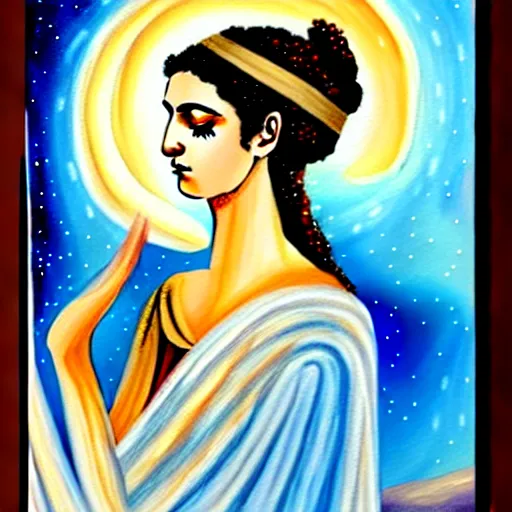 Image similar to beautiful ancient greek girl dreaming of galaxies, painting