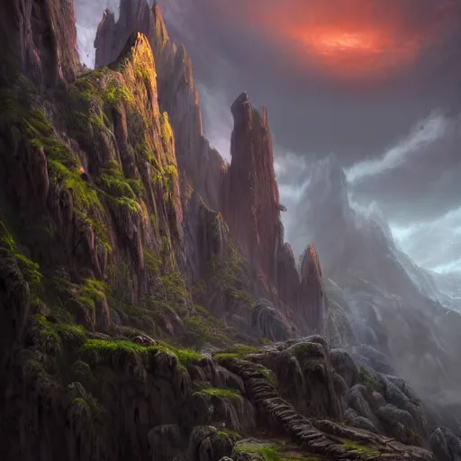 Prompt: a beautiful hyper realistic detailed matte painting of the entrance to a dungeon of the gods at the base of an ancient mountain, dramatic lighting, dynamic lighting, cinematic lighting, lit by morning light, by raphael lacoste and john howe and andreas rocha, unreal engine, featured on artstation, ultrawide angle, f 8, polarizer filter : 1 0