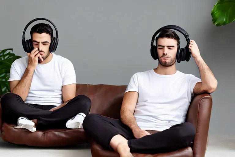 Prompt: a man that is deep in thought is wearing a white t - shirt and he is wearing black sweat pants and he is wearing over the ear headphones and he is relaxing in a brown leather chair that is in the reclining position