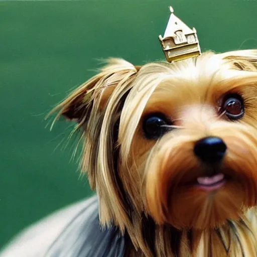 Image similar to a real life photo of a yorkie dog who built a town wearing a medal, 1 9 9 8 photo, realistic, detailed, old film