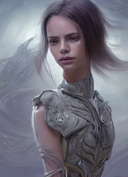 Image similar to a professional painting of a beautiful young female alien, clothed in ethereal armor, olive skin, long dark hair, beautiful bone structure, symmetrical facial features, intricate, elegant, digital painting, concept art, smooth, sharp focus, illustration, from Valerian and the City of a Thousand Planets, by Ruan Jia and Mandy Jurgens and Artgerm and William-Adolphe Bouguerea