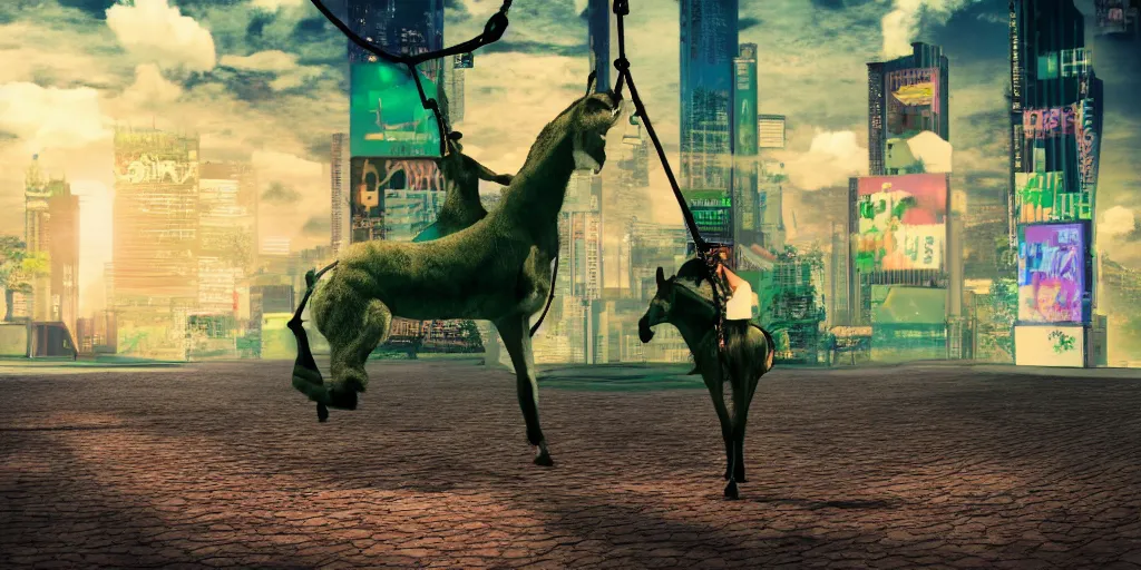 Prompt: donkey riding a tire swing, matrix style falling green text in the background, vaporwave, cyberpunk, digital art