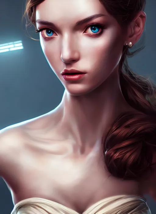 Image similar to beautiful fashion goddness, strapless dress, character portrait in the style of thomas river and artgerm, wlop, cinematic lighting, hyperdetailed, 8 k realistic, symmetrical, global illumination, radiant light, halo, love and mercy, frostbite 3 engine, cryengine, dof, trending on artstation, digital art, chanel