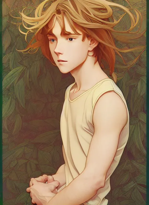 Image similar to pretty young man with shoulder length shiny shimmering golden blond hair, path traced, highly detailed, high quality, digital painting, by studio ghibli and alphonse mucha, leesha hannigan, makoto shinkai, disney