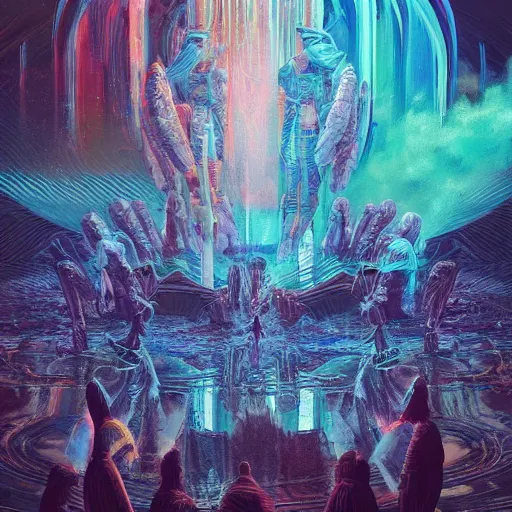 Image similar to seven angels come forth and receive seven bowls full of the wrath of god, smoke fills the temple so that no one can enter till the plagues of the seven angels have been complete, cyberpunk art by android jones, by beeple, darksynth, synthwave, quantum tracerwave